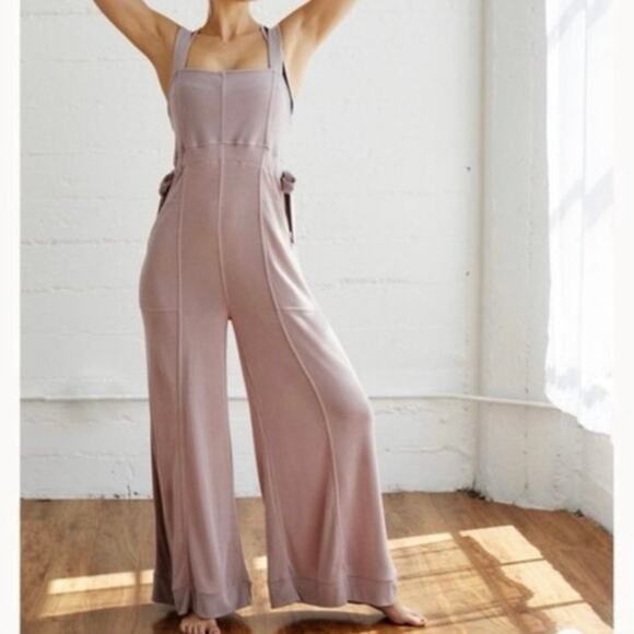 FREE PEOPLE MOVEMENT Taupe Cinch Waist Wide Leg Comfy Sleeveless Jumpsuit XS - Picture 10 of 11